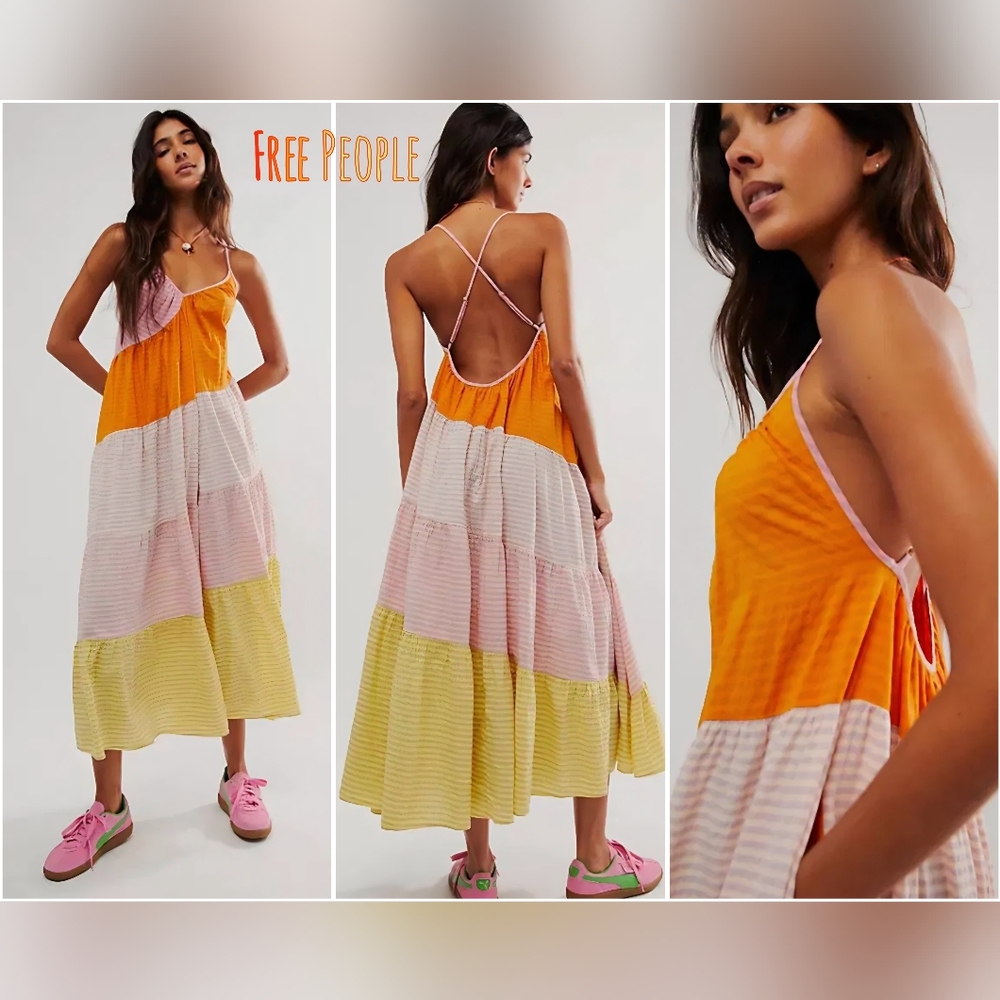 Free People What Love is Maxi Dress Color Block Size Large NWT